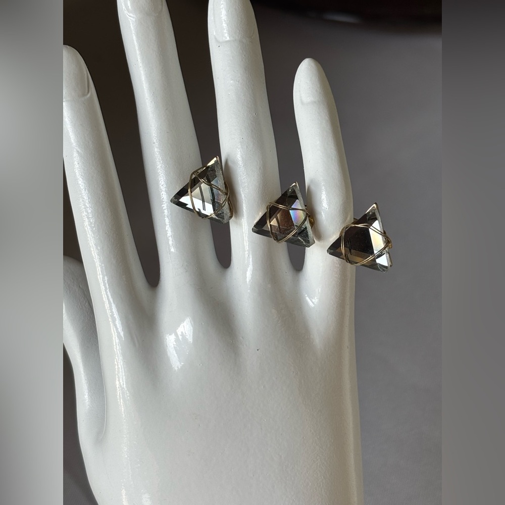 Rare Crystal Triple Triangle Double finger ring, women’s unique handmade jewelry